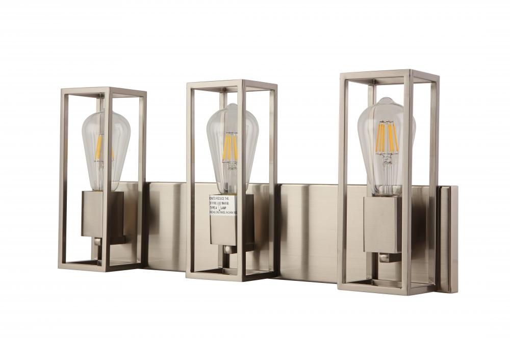 3x 60W E26 vanity in Satin Nickel finish Dimensions : L=21.3" E=4.5" H=9.5"